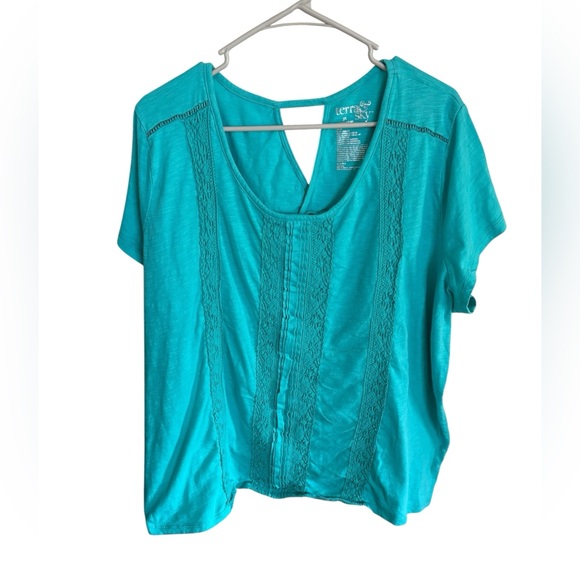 Terra & Sky Tops - Terra & Sky Turquoise Lace Accent Blouse